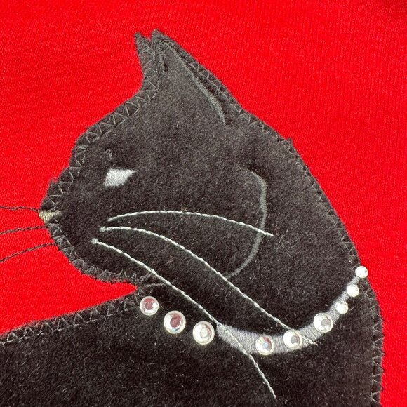 Vintage Red Sweatshirt Black Cat 1990s Rhinestones Medium Top Stitch Kitschy - Picture 5 of 7